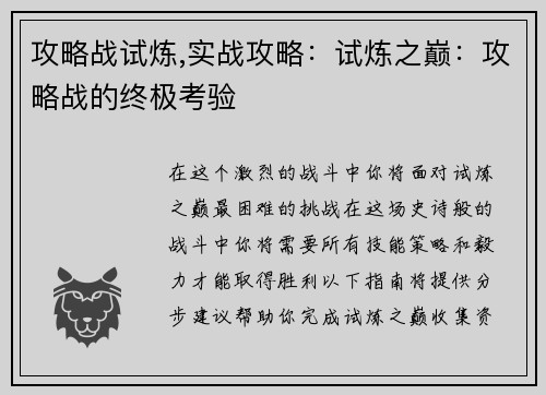 攻略战试炼,实战攻略：试炼之巅：攻略战的终极考验